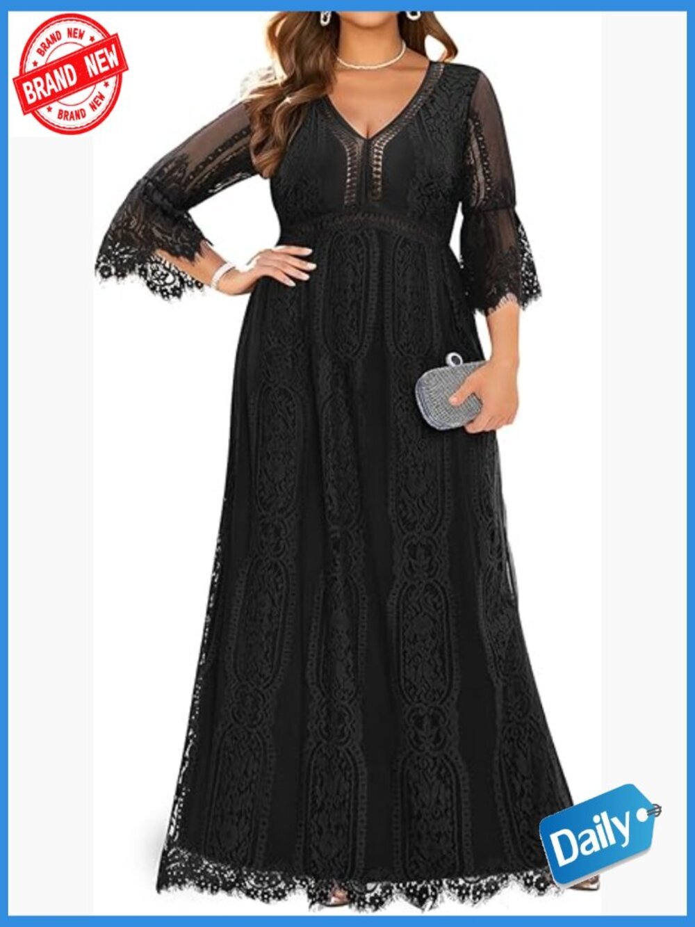Plus Size Boho Wedding Lace Maxi Dress 3/4 Sleeve V-Neck